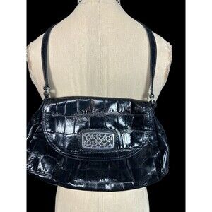 Brighton Croc Embossed Black Leather Shoulder Crossbody Bag Purse Silver